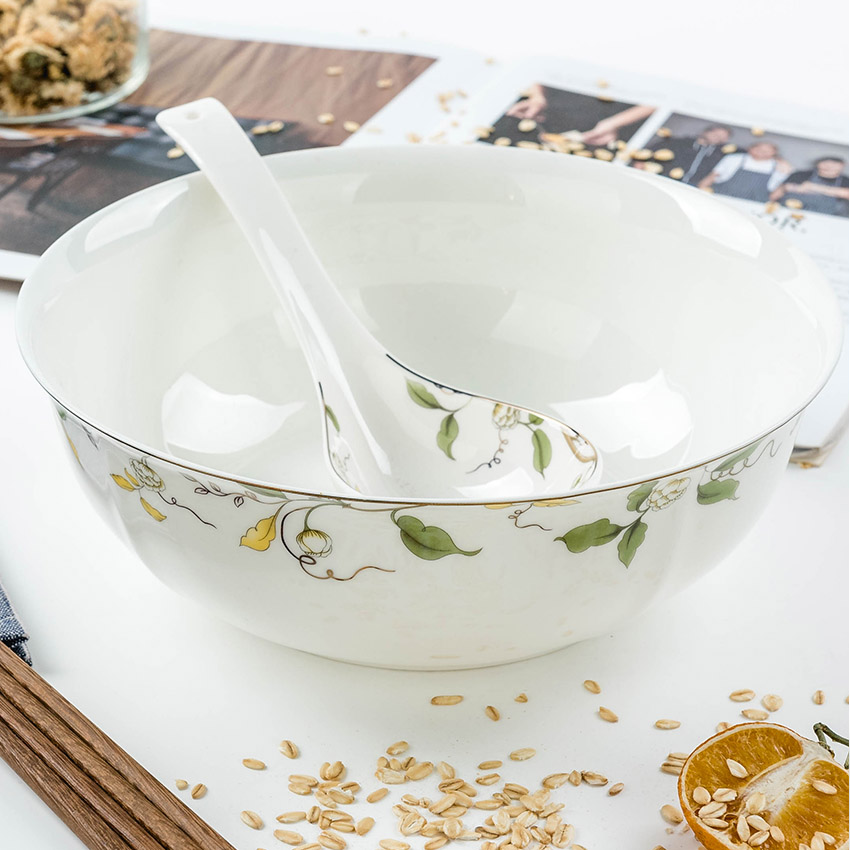 Tangshan Bone China Porcelain Home 9 Inch Large Soup Bowl Hotel Cutlery Large Salad Bowl 9 Inch Golden Tripod Large Bowl Ceramic Soup Bowl