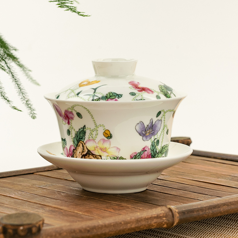 Jinlanyu Yumeiren enamel color Sancai cover bowl ceramic imitation Qianlong imperial inscription poem tea bowl kung fu tea cup