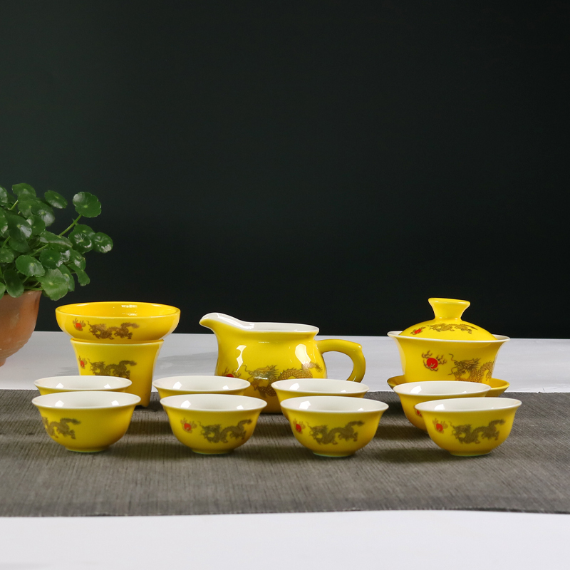 Golden Dragon Kung Fu Tea Set Complete Set Chinese Wedding Gift Red Wedding Supplies Chaoshan Household Tea Cups