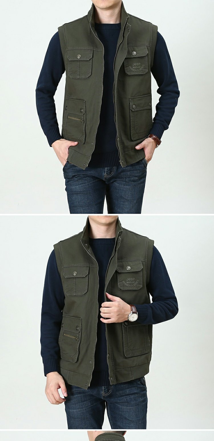 Áo vest cotton mới giản dị Xe jeep vest vest đa túi ngoài trời dụng cụ vest mùa xuân vest áo khoác thủy triều áo khoác không tay nam