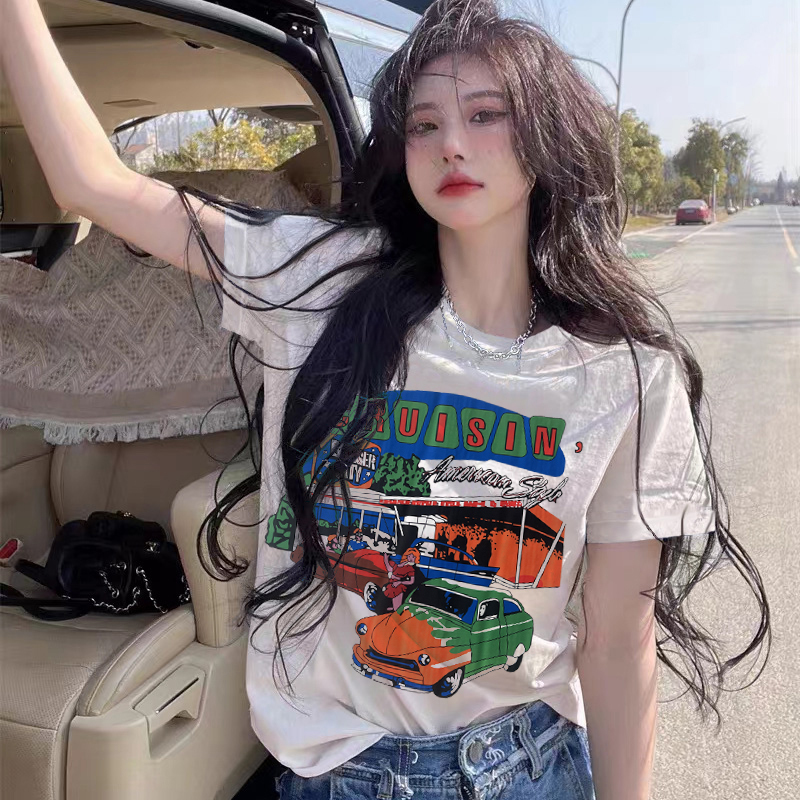 European-Style American Print Pure Cotton Short-Sleeve T-Shirt for Women, Summer 2026 New Model, Regular Shoulder, Loose Fit, Slimming Top
