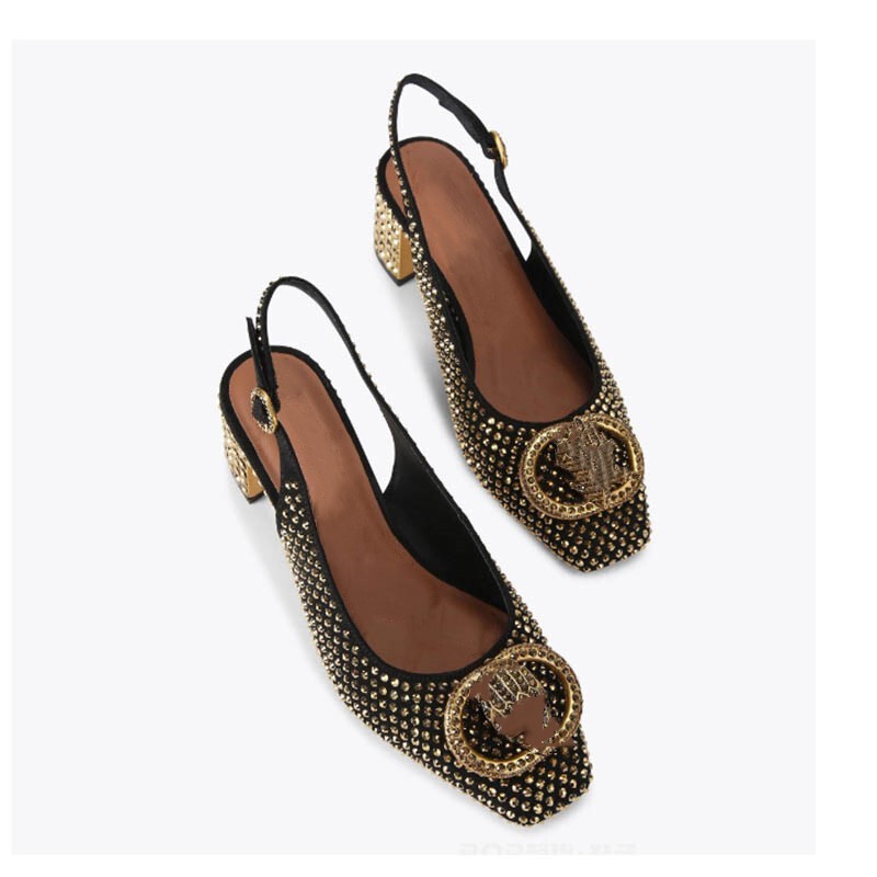 Free Shipping 2026 New Model British Square-Toe Owl Head Metal Buckle Rhinestone Square Heel Open-Back Sandals kg Crocodile Pattern