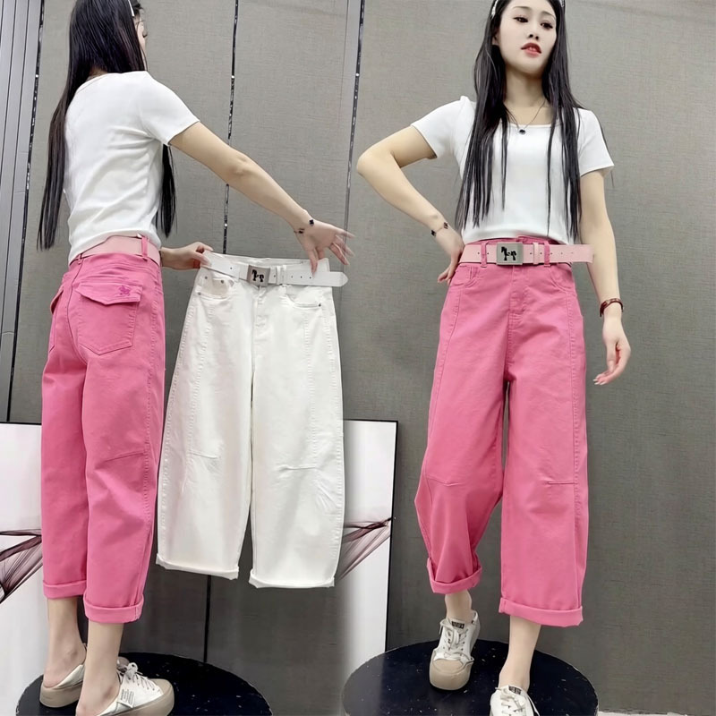 Spring New Washed Cotton Casual Jeans for Women, High-Waisted, Colorful, Versatile, Loose Harem Pants, Nine-Point Workwear Pants