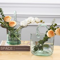 Nordic Creative Hand Lift Basket Inserted Vase Glass Transparent Minimalist Living-room Bag Vase Table Hem Fish Tank Florist