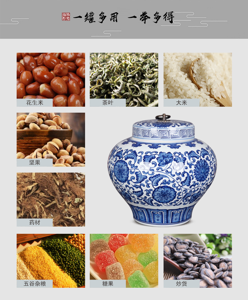 Jingdezhen ceramics pu 'er tea storage tank is blue and white porcelain lotus flower lohan pot home furnishing articles