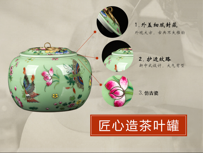 Jingdezhen ceramic pea green butterfly caddy fixings home furnishing articles general tea store canned POTS