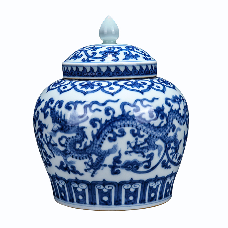 Jingdezhen ceramic modern blue and white dragon day word can of household contracted and maintain the sitting room tea table decoration furnishing articles
