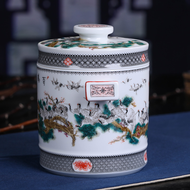 Jingdezhen ceramic hand - made restoring ancient ways the crane figure caddy fixings household Er tea tea cake box sealed as cans