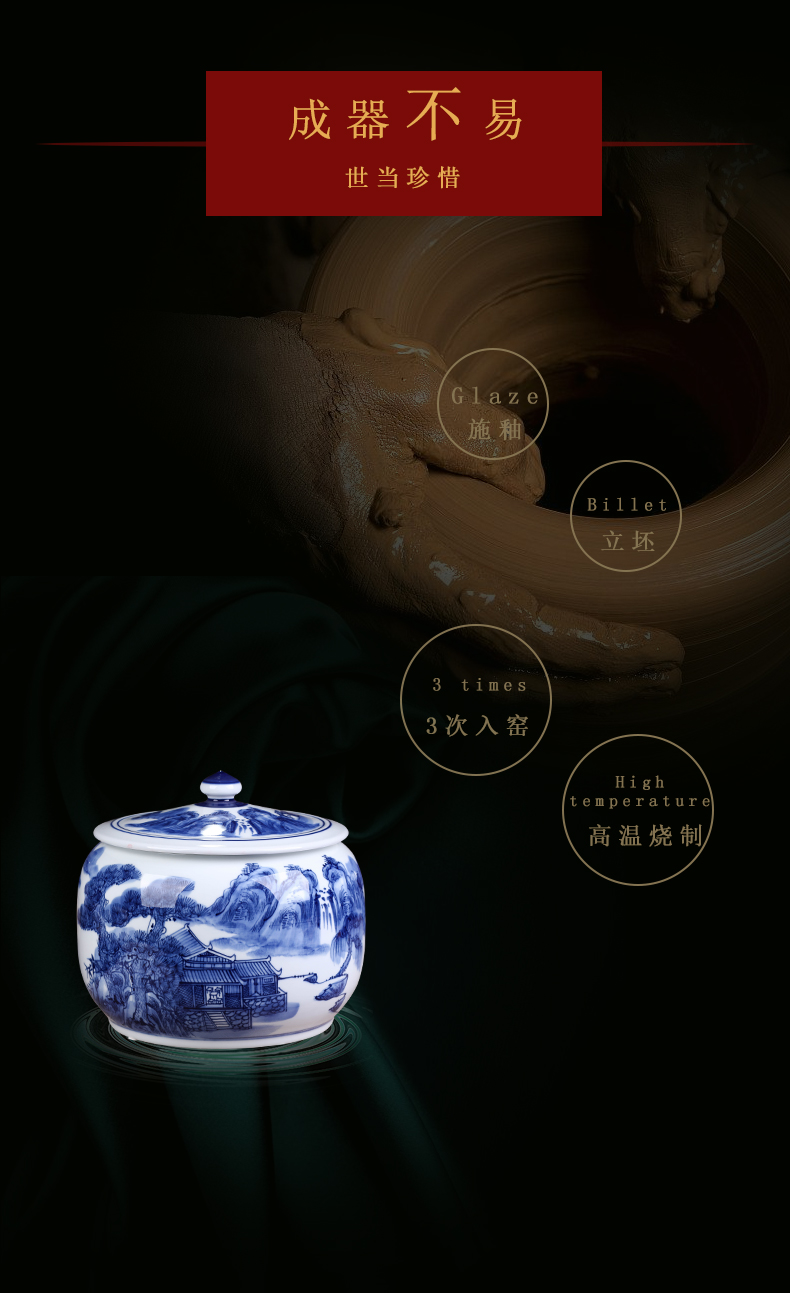 Jingdezhen ceramic hand - made with cover of blue and white porcelain decoration storage tank Chinese ceramic pot to receive furnishing articles large