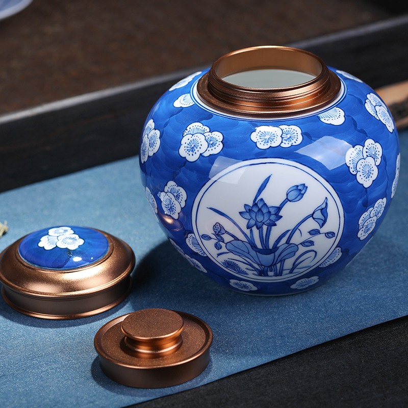 Jingdezhen blue and white hand - made ceramic lotus packing gift box sealing puer tea general 2 two household savings