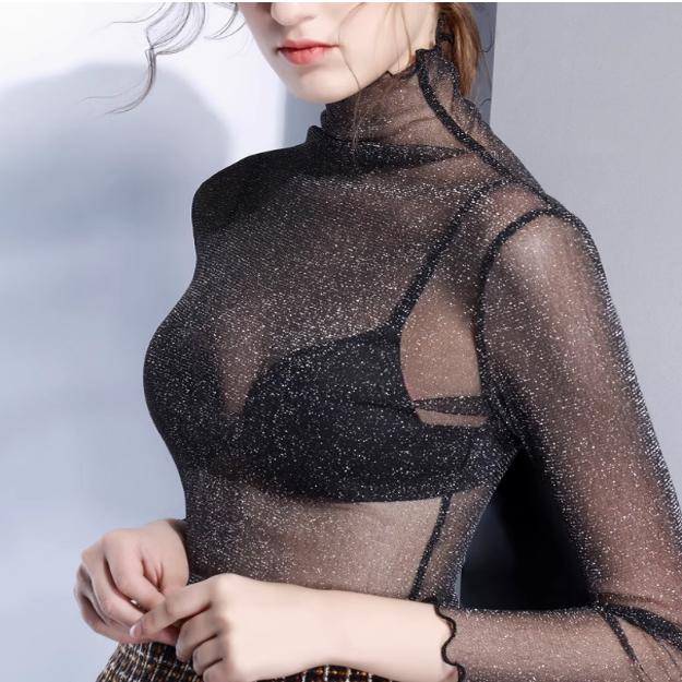 Very Elegant Shiny Gold Mesh Base Shirt for Women, Long-Sleeved, Sheer Lace Top, Slimming, Sparkling, Stylish Very Elegant Shiny Gold Mesh Base Shirt for Women, Long-Sleeved, Sheer Lace Top, Slimming, Sparkling, Stylish