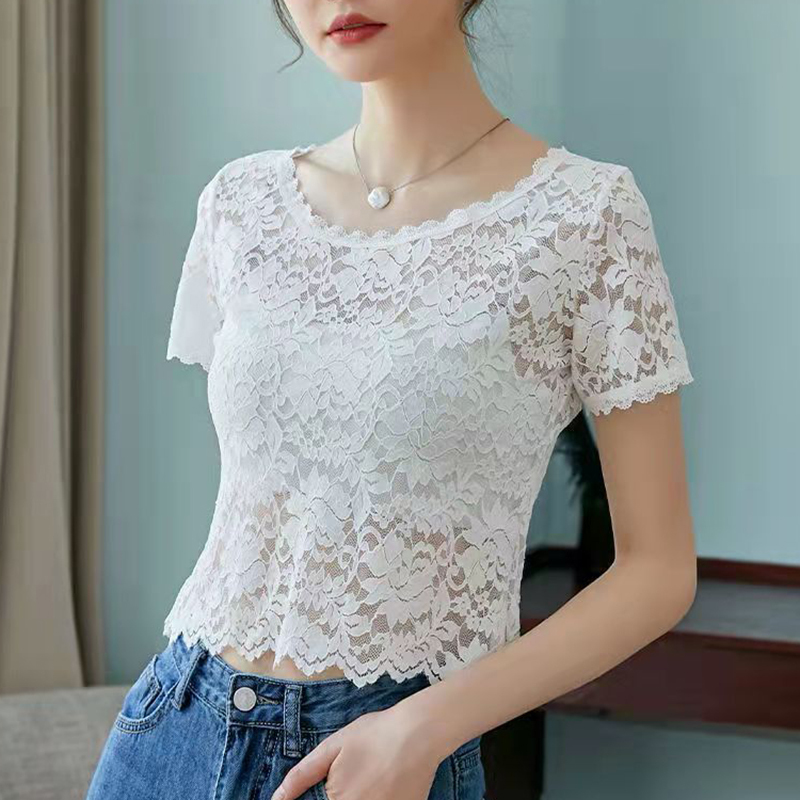 Short-Sleeved Lace Base Shirt for Women, Summer Short Mesh Top, Camisole Dress Inner Layer, White Thin Hollow-Out T-Shirt Short-Sleeved Lace Base Shirt for Women, Summer Short Mesh Top, Camisole Dress Inner Layer, White Thin Hollow-Out T-Shirt