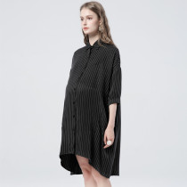 Pregnant womens professional clothes Interview to work fashion loose spring and summer clothes Large size pregnant women striped overalls shirt dress