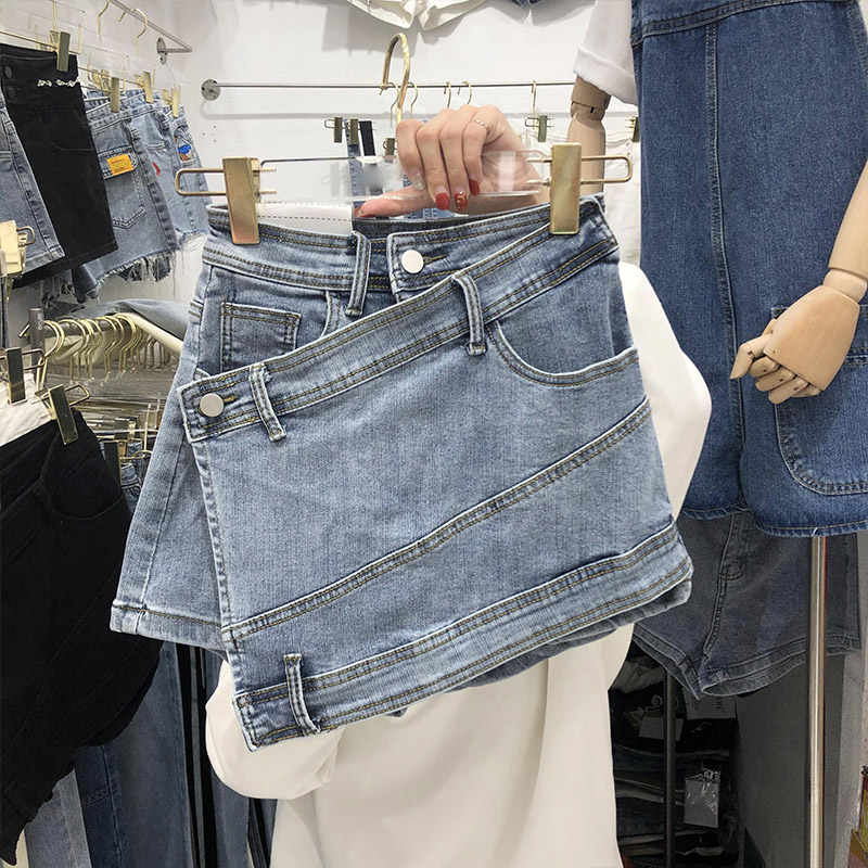 BlueAsymmetry High waist Denim skirt female 2021 spring clothes new pattern Korean version Versatile fashion Asymmetry Wide leg pants Hot pants