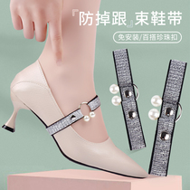 High heel shoe anti-fall heel thever free of sloth bunch shoelace buckle pearl elastic invisible not heel wide strap woman