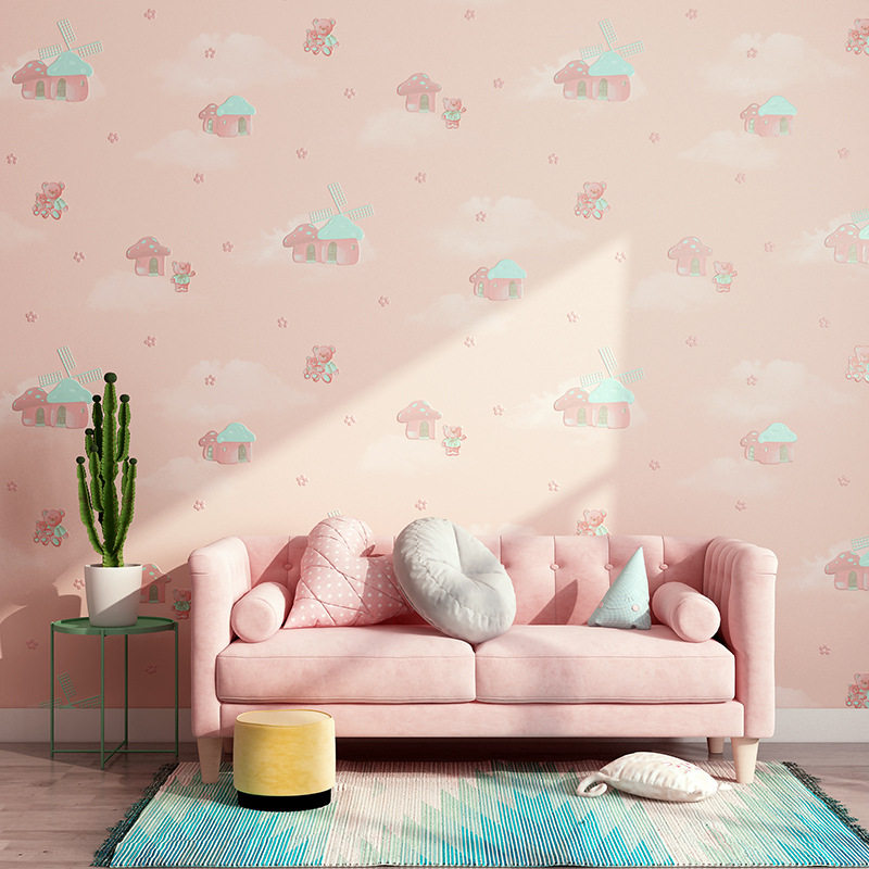 Children's room reliefs Korean style wallpaper Cartoon Blue Pink Princess Room Mushroom House Small Bear Clouds unwoven wallpaper