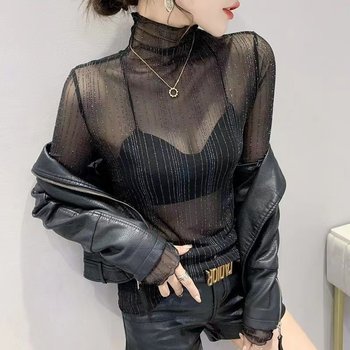 Women's striped bright silk bottoming shirt women's striped bottoming shirt