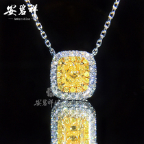 Anbixian Natural Diamond 18K Gold Inlaid Yellow Drill Chain Colored Drilling Cushion Classic Pendant Necklace