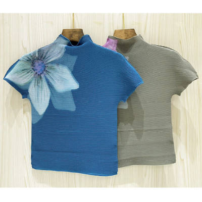 Pleated corn pleated top, printed short-sleeved T-shirt, elastic summer new, two-sided light semi-high neck pull-up mini sweater, trendy