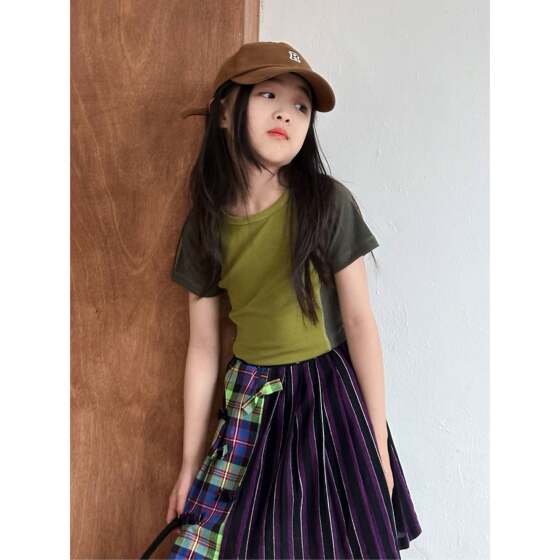 『美少女』 小众高密色织格拼条纹手工蝴蝶结半裙