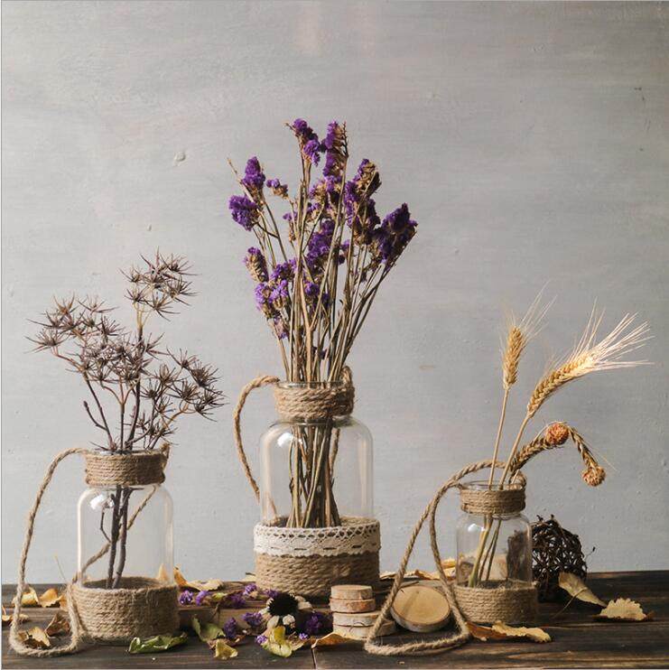 Ins small fresh hemp rope vase hydroponic flower arrangement can be hung on the wall creative rabbit tail grass wheat ear artificial dried flowers