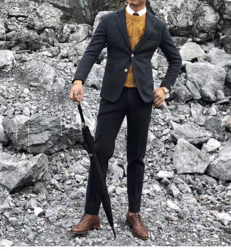 2018 thu đông nam Hàn Quốc dày phù hợp với bộ đồ mỏng phù hợp với len Anh retro nhỏ phù hợp với hai bộ thủy triều quần nam