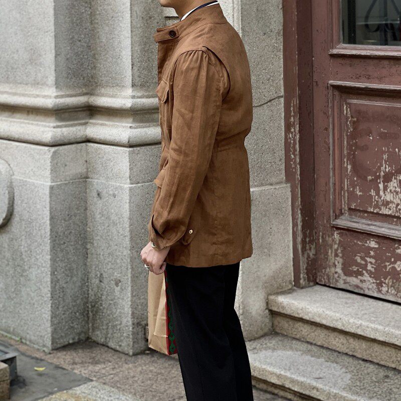 Men's 100% Linen Safari Jacket Slim Fit Pockets Hunting Coat