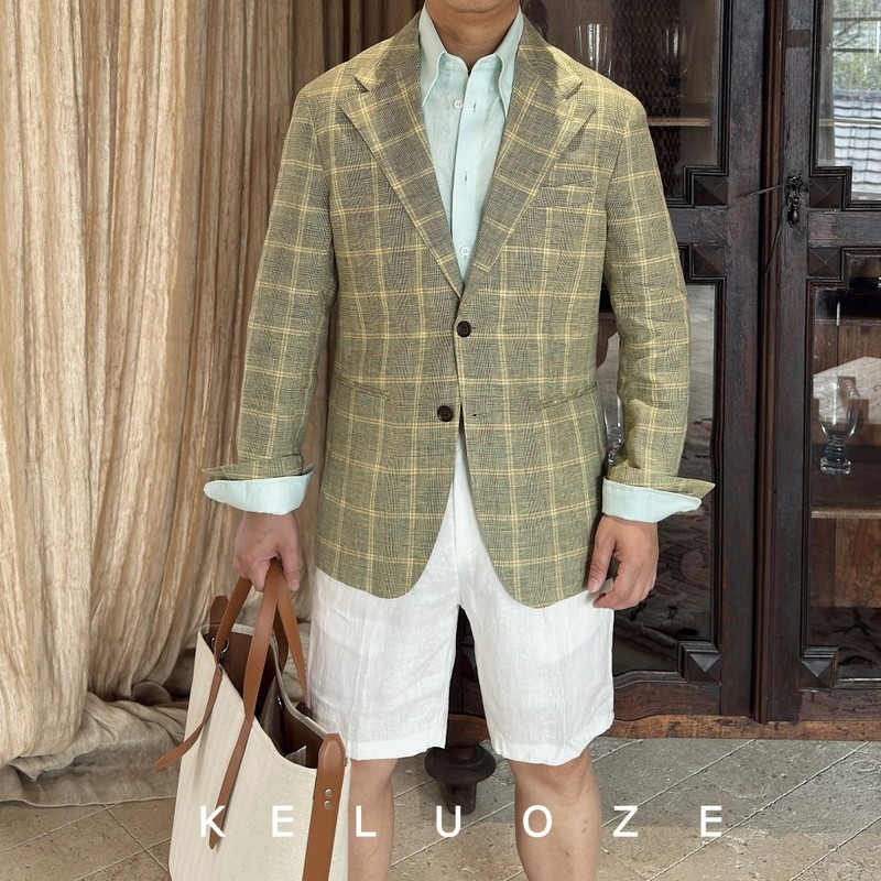 Summer 100% Linen Plaid Semi-Lined Old Money Style Blazer, Vintage High-End Unstructured Relaxed Fit Single-Breasted Suit