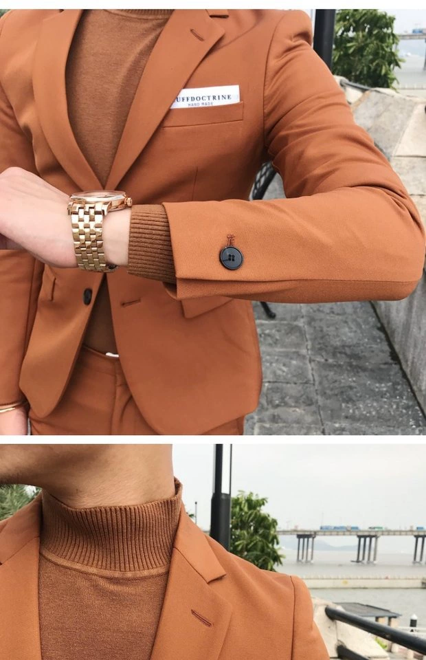 2017 mùa thu mới đơn giản màu đơn sắc nam giản dị phiên bản Hàn Quốc của bộ đồ Slim thời trang caramel nhỏ màu
