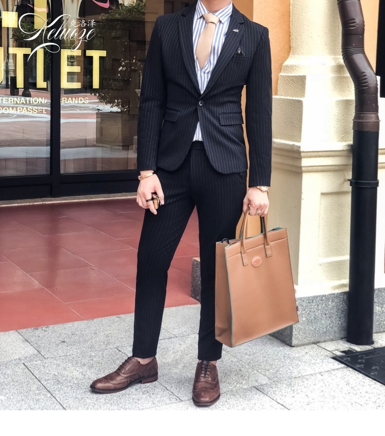 2018 mới phù hợp với sọc phù hợp với nam phiên bản Hàn Quốc của một khóa Slim cao cấp nhỏ phù hợp với Anh hai mảnh quần âu