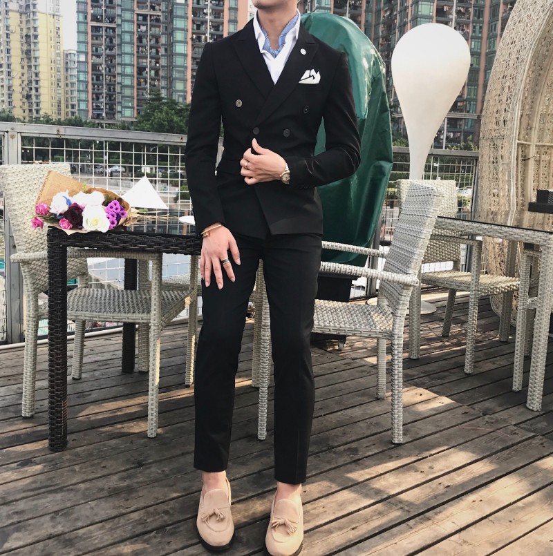 Mùa thu 2018 Hàn Quốc đơn giản màu rắn đôi phù hợp với bộ đồ mỏng phù hợp với nam thời trang giản dị nhỏ phù hợp đồ vest nam
