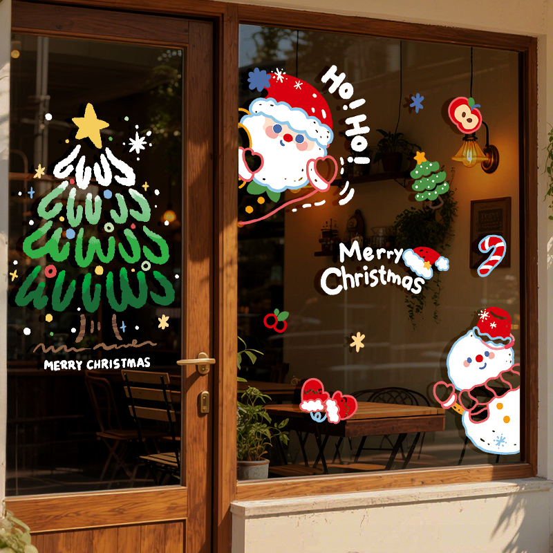 Santa Claus Tree Static Cling Decoration Window Stickers Glass Stickers Christmas Scene Atmosphere Arrangement Door and Window Flower Decorations