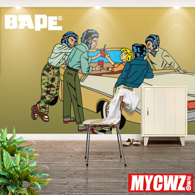 APE ape-man immortal tide brand wallpaper graffiti decorative painting shop home bar self-adhesive wall sticker glass painting mycwz