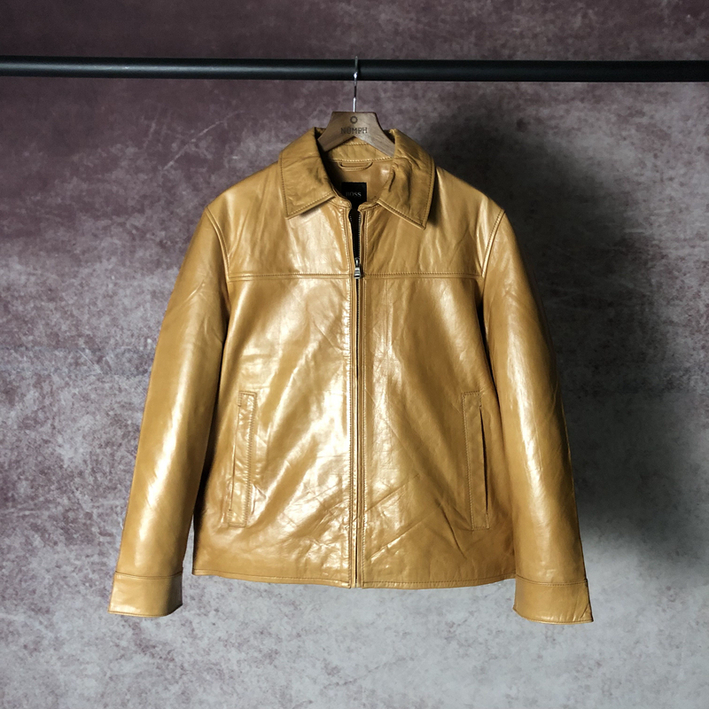 Genuine Leather First-Layer Lambskin Leather Jacket for Men, Middle-Aged and Young, with a Turn-Down Collar, Loose Fit, Business Casual Coat for Spring and Autumn