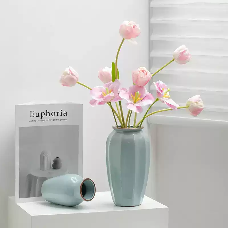 中国古美術・宋汝窯款天青釉銀口四方尊花瓶・工芸品・木箱付・文房具・風水開運・陶器 宋磁州窑绿釉刻花执壶仿古玩古董真品老货旧货出土老物件收藏摆件