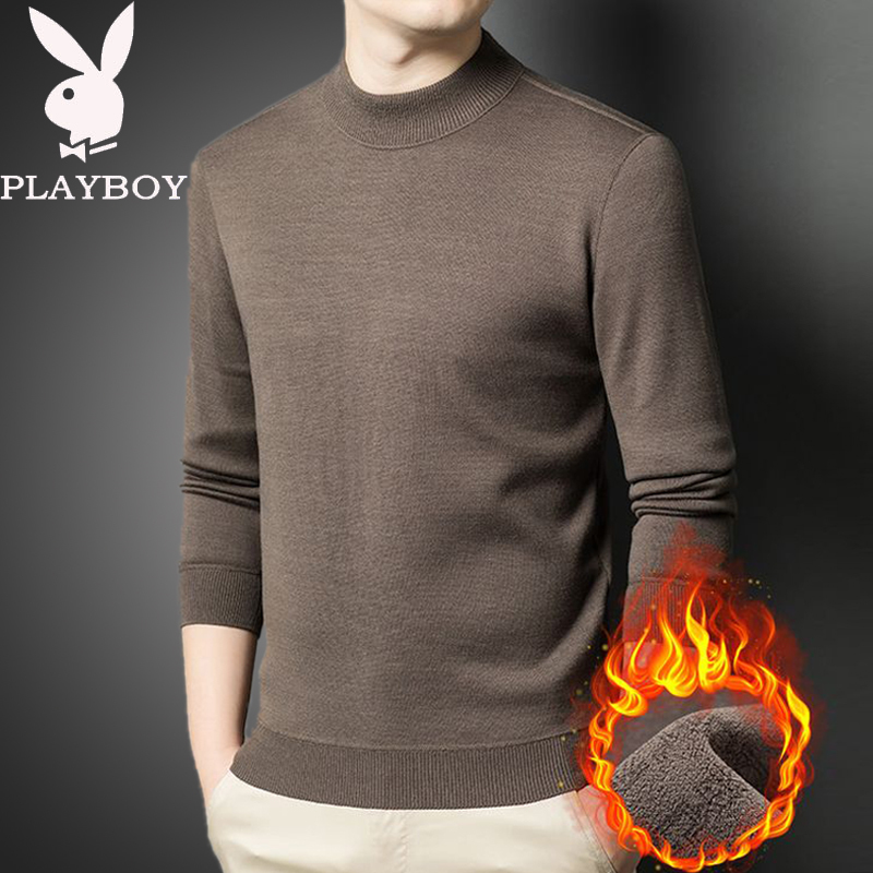 Playboy Imitation Wool Sweater for Men, New Autumn and Winter Style, Fleece-Lined and Thickened, Middle-Aged Knit Base Sweater, Cashmere Sweater