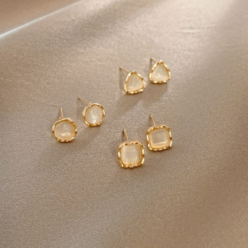 French camellia geometric opal three-piece earrings 2022 new trendy Hong Kong style retro earrings earrings for women