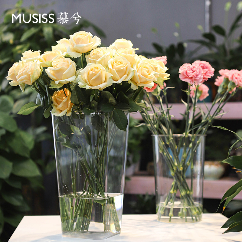 Acrylic transparent awake flower barrel raised flower square barrel plastic flowers bouquet flower bouquet deep water barrel flower art home barrel vase-Taobao