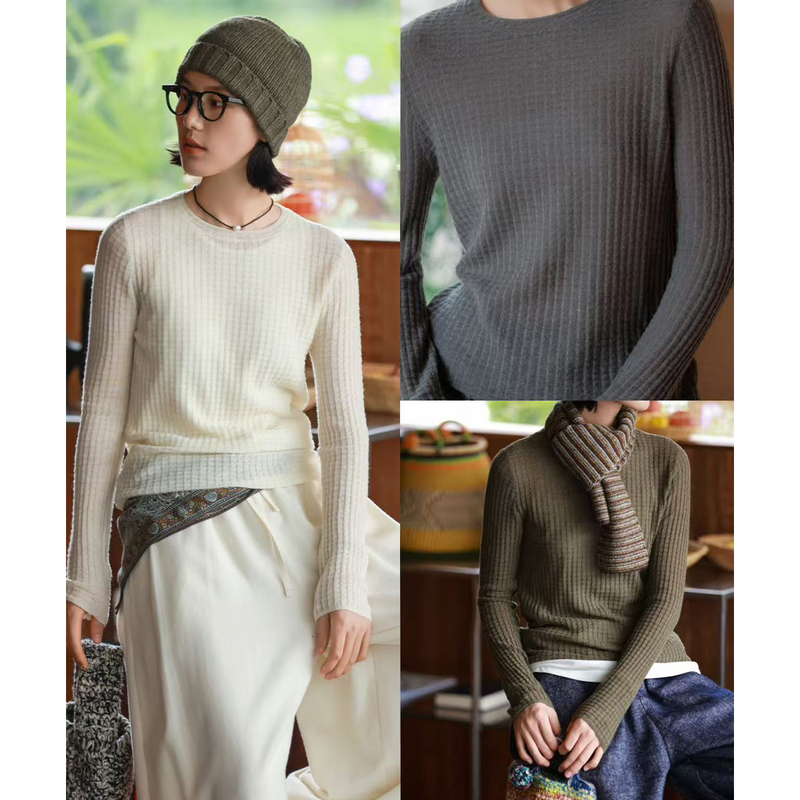 Malian Sheep Wool, Mulberry Silk, and Cashmere Blend Ultra-Soft and Smooth Textured Knit Top [Waffle]