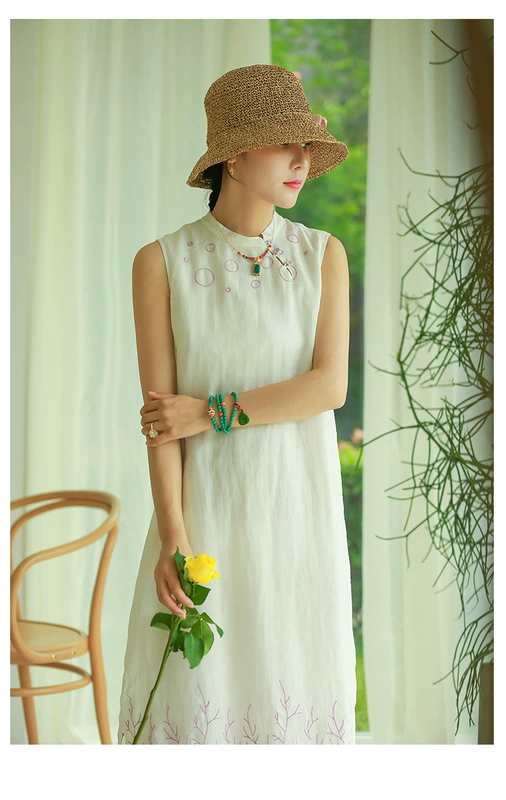 Malin văn học gốc cotton và vải lanh phụ nữ 2020 mùa hè mới 100 ramie không tay đứng cổ áo chia - váy đầm