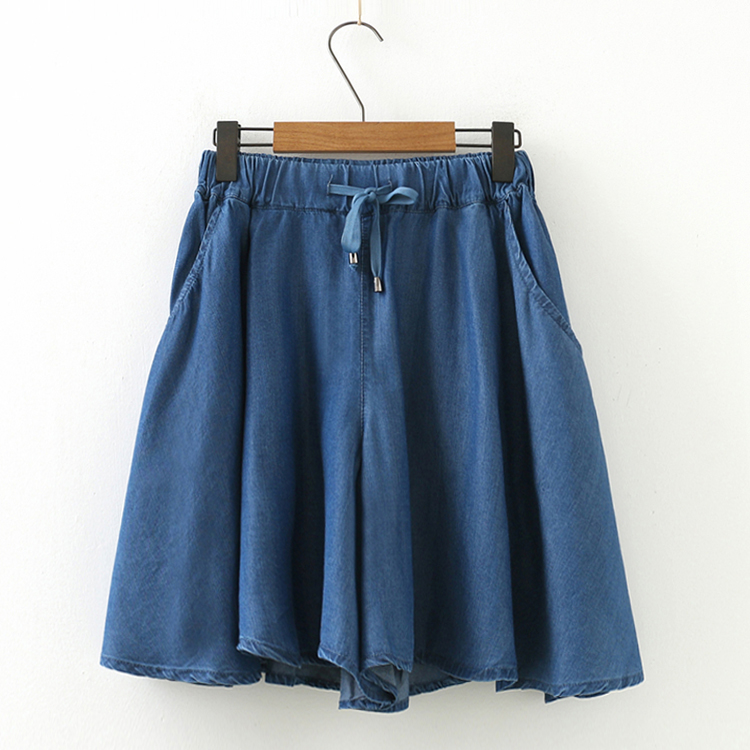 Tencel jeans váy mùa hè mới đơn giản phần mỏng đàn hồi eo dây rút tie cao eo quần chân rộng phụ nữ quần short giản dị chân váy bò
