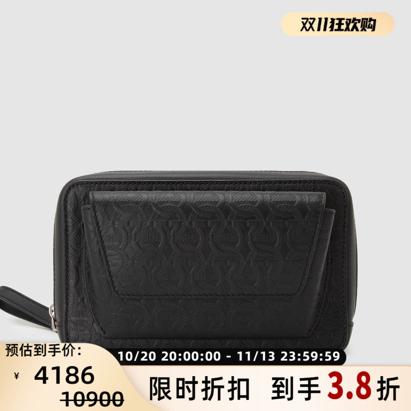 Ferragamo Men's Cow Leather Small Zipper Clutch Bag Silver 301604