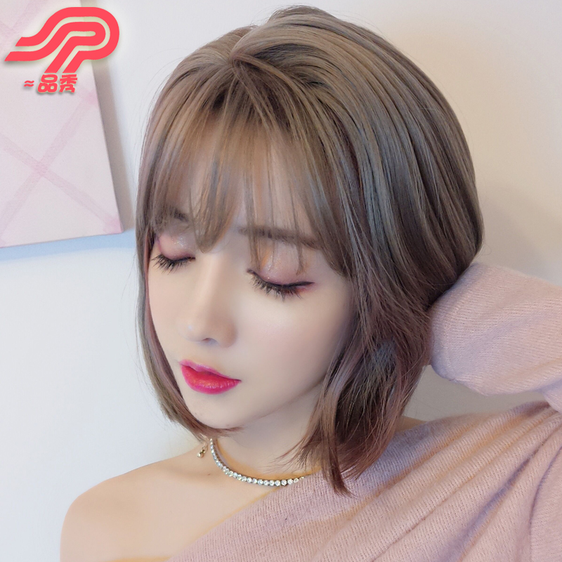 Product show wig female short hair bobo head Korean Air bangs partial natural highlights fluffy repair face buckle wig