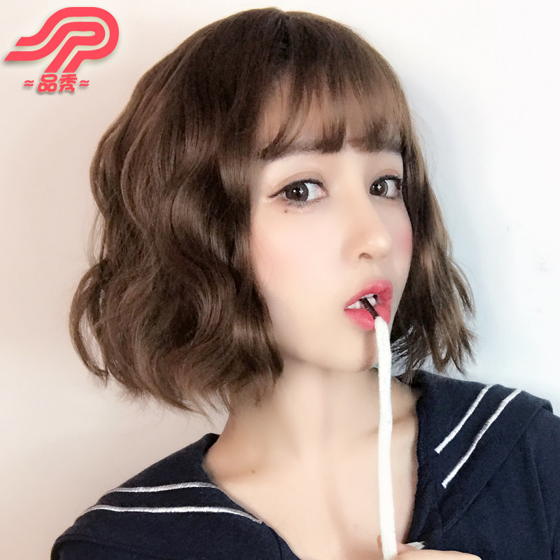 Pin show wig female short hair fluffy face clavicle natural Korean air bangs short curly hair bobo head grandma ash