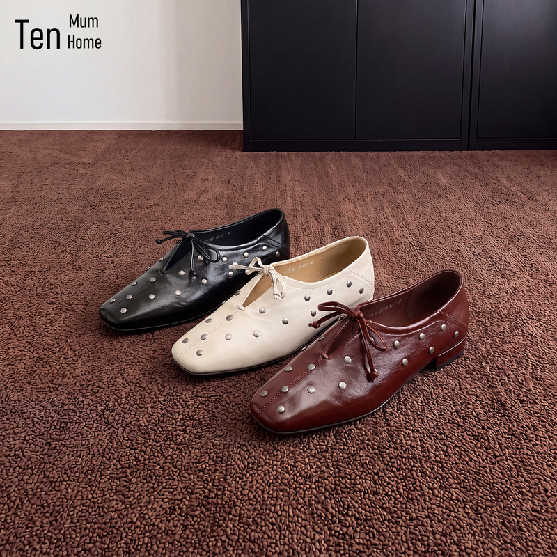 Ten Mum Home Large Size Genuine Leather Women's 2cm Thick Heel Square Toe Retro Rivet Bow Flats Size 40-42