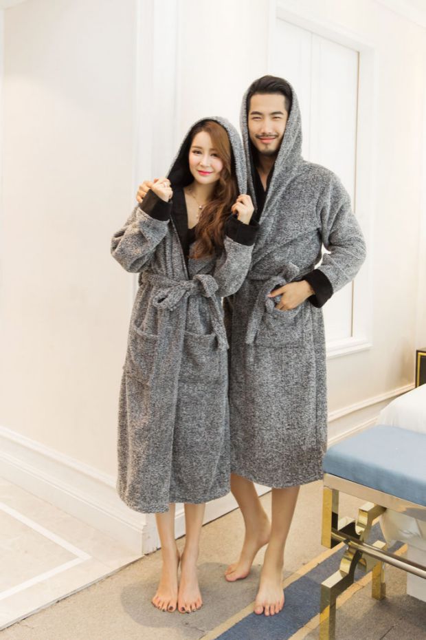 Cặp đôi áo ngủ nữ dày mùa đông và dài san hô lông cừu trùm đầu áo choàng tắm đồ ngủ nam cảm giác ấm áp áo choàng nhung dài áo choàng ngủ