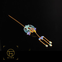 Wanbao Deyin Ming and Qing silk inlaid Chinese traditional headwear hair accessories hairpin enamel blue court Hanfu