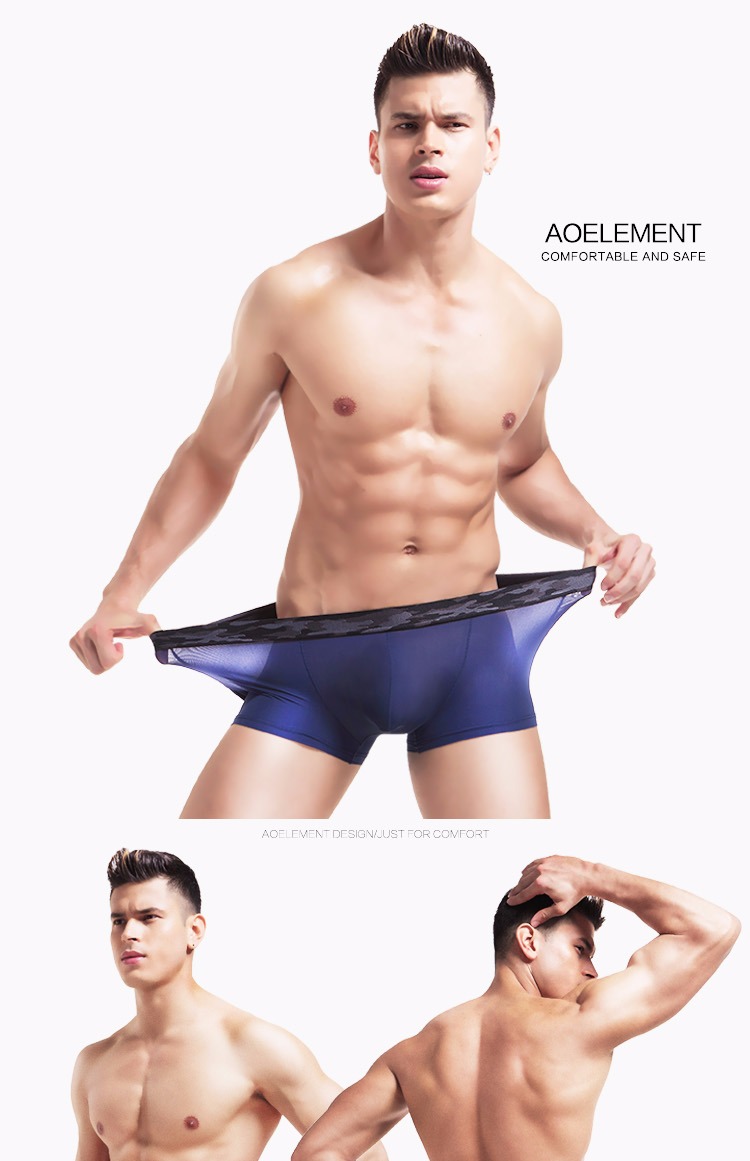 Mùa hè lụa siêu mỏng lụa đồ lót nam boxer thoáng khí gợi cảm trong suốt lụa bốn góc quần short không dấu vết quần lót đẹp