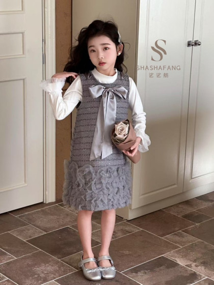 韩版女童装儿童春季甜美淑女长袖打底衫T恤背心裙2件套装