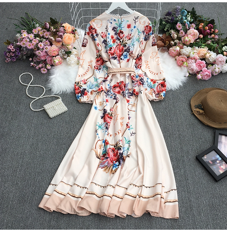 retro court style lace-up round neck long sleeves flower print dress NSYXG124757